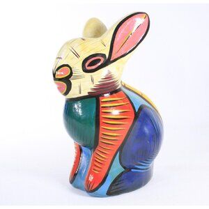 Vintage Mexican Hand Painted Rabbit coin bank, Colorful Folk Art Pottery home